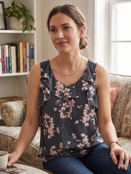 LOFT Tops - LOFT Slate Blue Floral Ruffle Cold-Shoulder Blouse